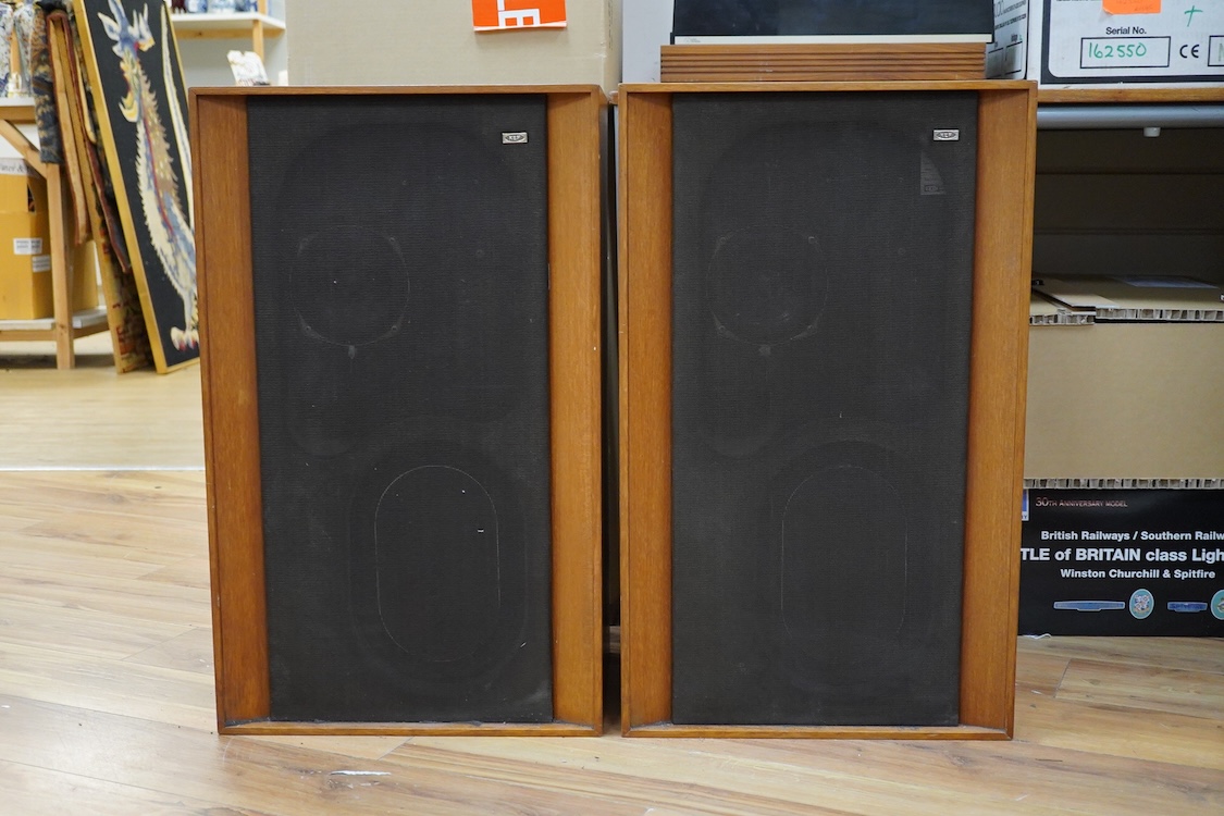 A pair of 1970s KEF Concerto hi-fi stereo speakers in teak cabinets, 71cm high, 43cm wide, 30.5cm deep